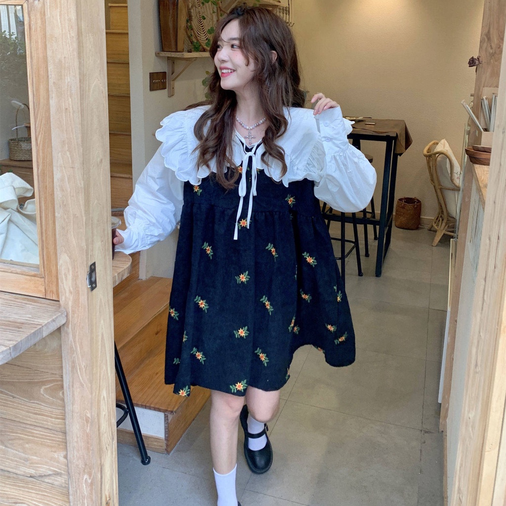 Váy yếm Đầm Hoa Nhỏ Không Tay + Áo Sơ Mi Cổ Búp Bê Dáng Rộng Phong Cách Mới Mùa Thu 2021
