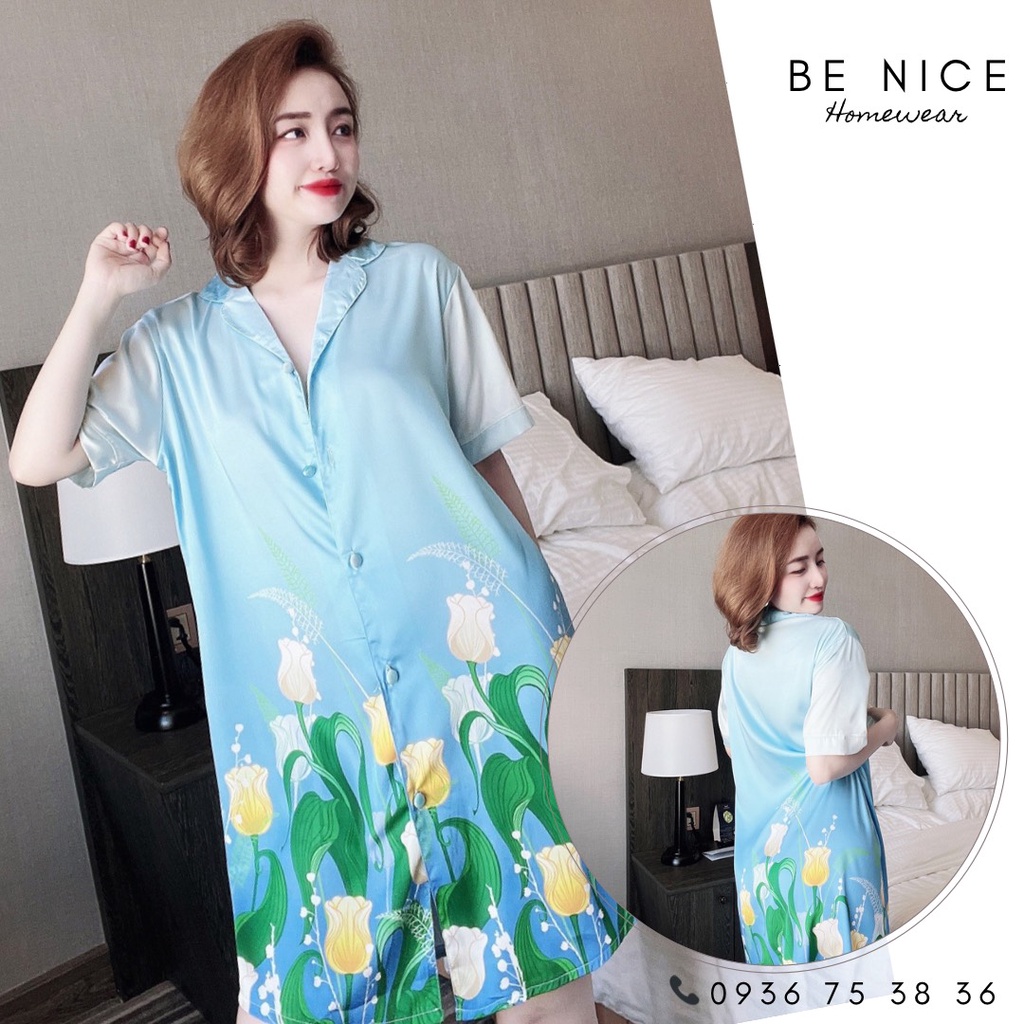 Váy lụa cổ bẻ phối họa tiết chân váy xinh xắn,  Be Nice Homewear