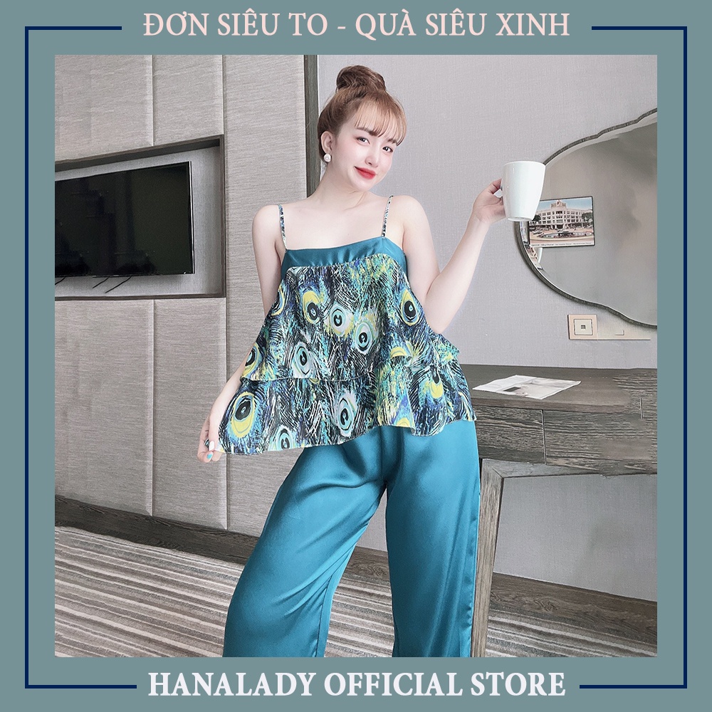 Bộ đồ ngủ nữ, áo 2 dây lụa phối quần dài cao cấp V477