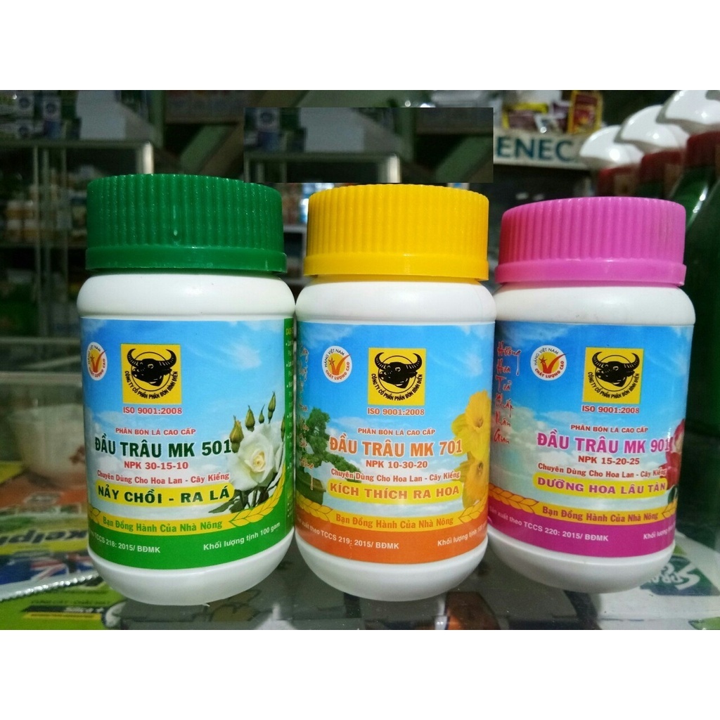 Combo 3 hủ 100gram phân bón Đầu Trâu 501 701 901 dùng cho hoa lan, cây kiểng