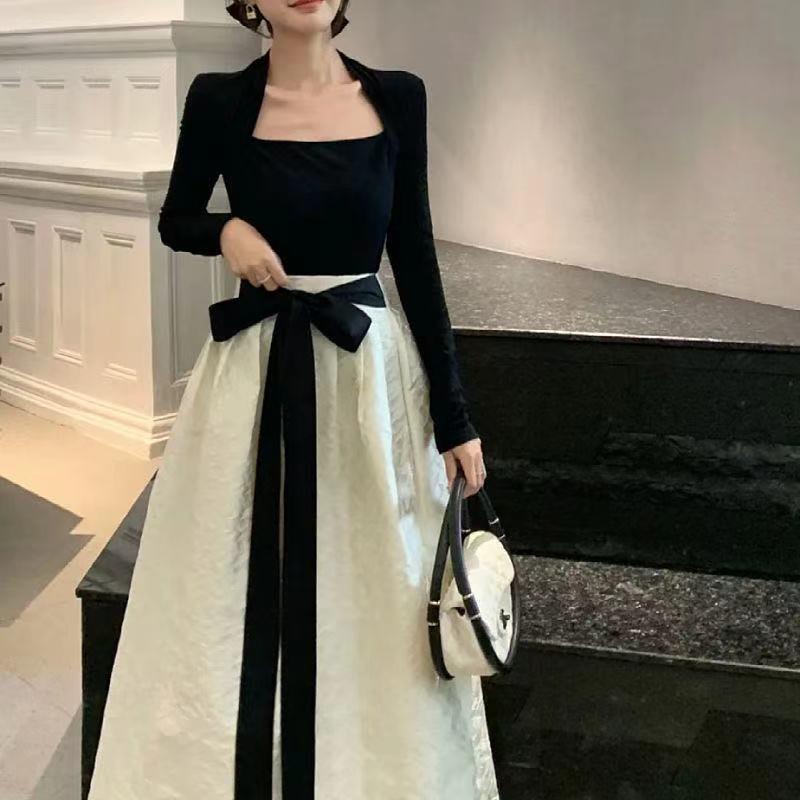 Set áo tay dài và chân váy lưng cao thời trang thu đông dành cho nữ