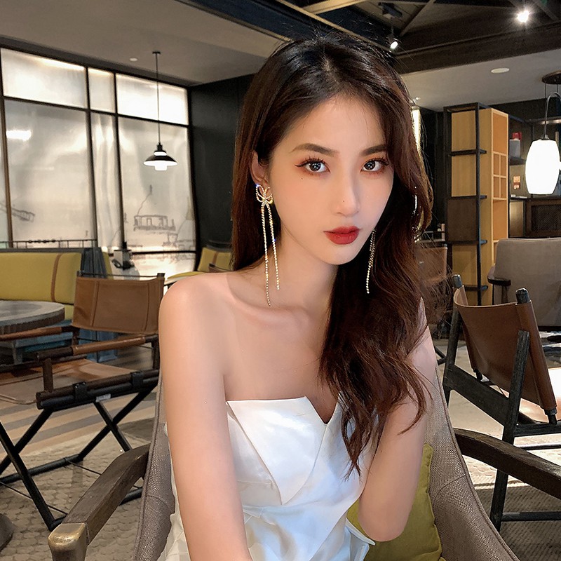 Bông tai mạ vàng đính đá thiết kế thắt nơ tua dài_M1261