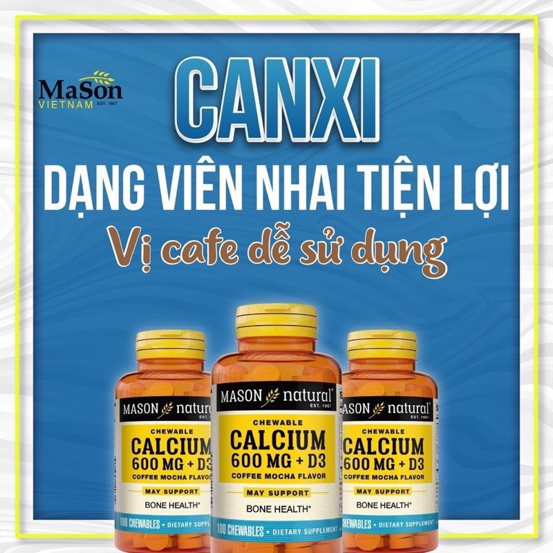 [MASON] Calcium 600mg + D3 Lọ 100 Viên Mason - Hấp Thu Canxi
