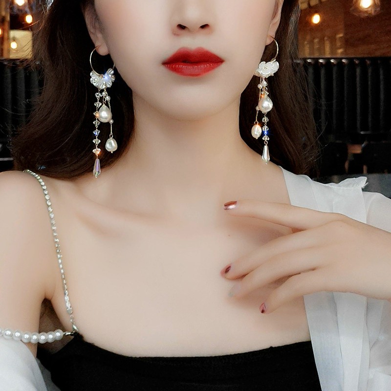 Bông Tai Bạc 925 Hình Tròn Đính Hoa Và Ngọc Trai Phong Cách Hàn Quốc Đơn Giản Thời Trang