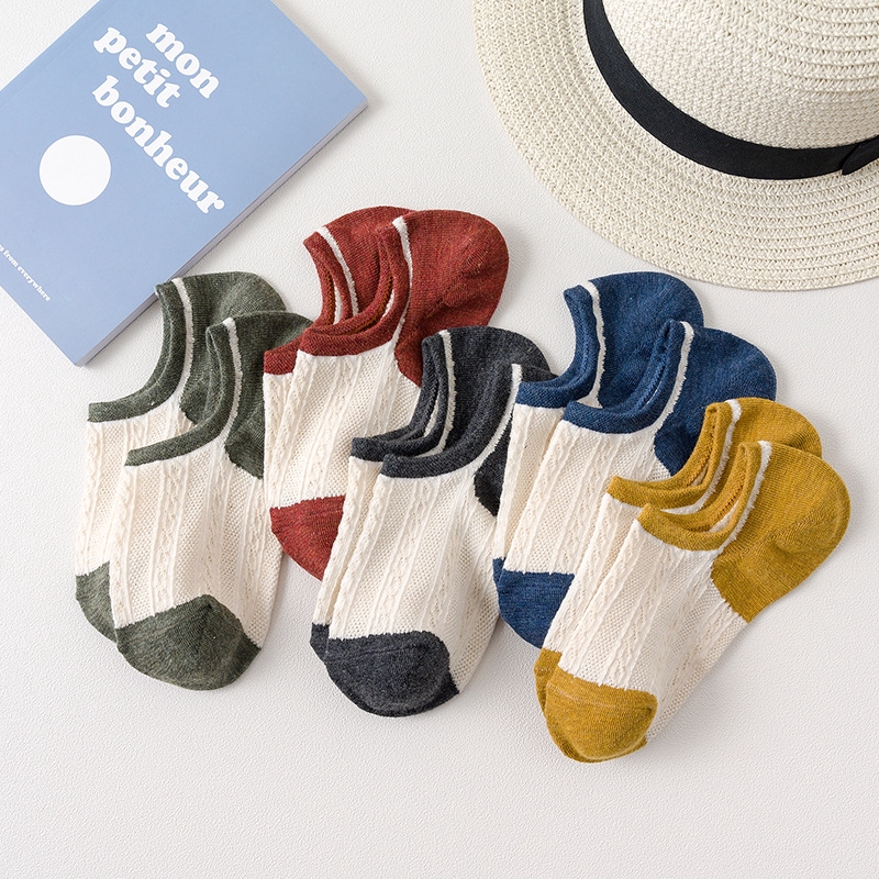 Tất cotton phối lưới cổ thấp chống trượt khâu màu tối tương phản phong cách ngày thường cho nữ