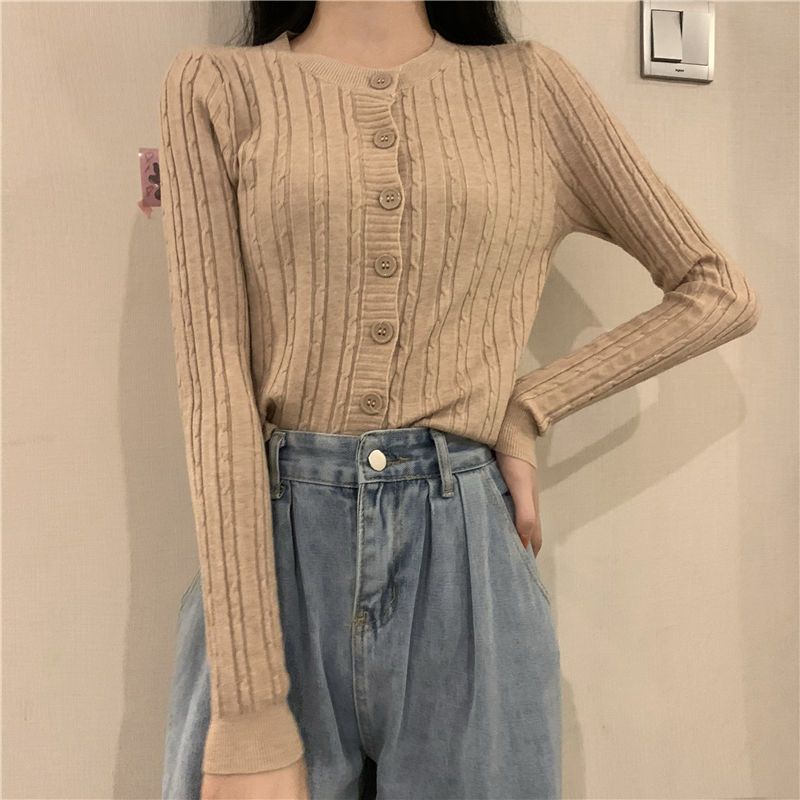 Áo Khoác Cardigan Thun Len Nữ Cổ Tròn 7 Cúc