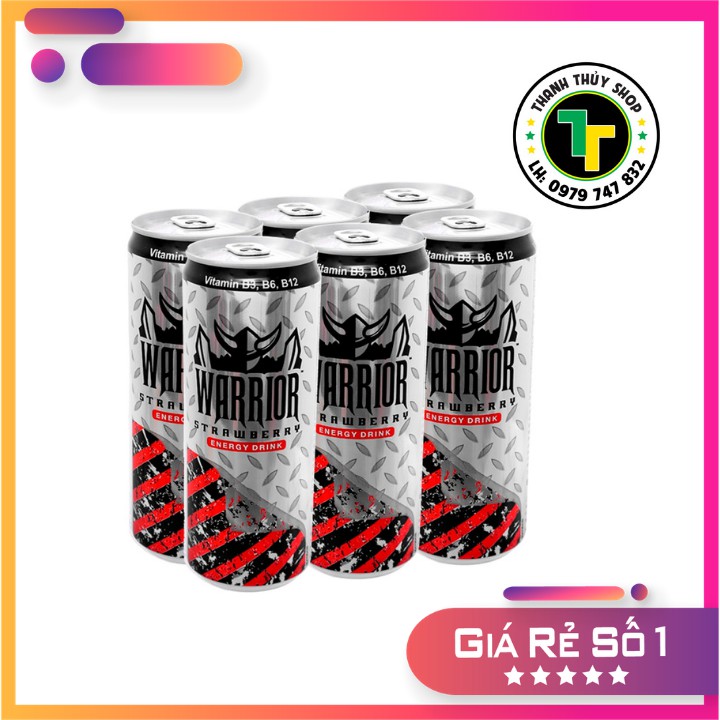 Combo 06 lon - Nước tăng lực Warrior hương dâu nhập từ Thái Lan cho tinh thần sảng khoái loại 325ml