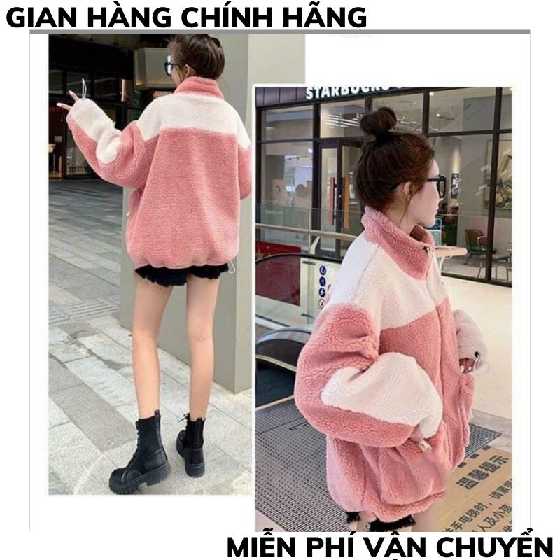 Áo khoác lông cừu phối mầu trắng hồng ,mượt mà, áo khoác lông nữ, siêu ấm, XƯỞNG MAYTC2