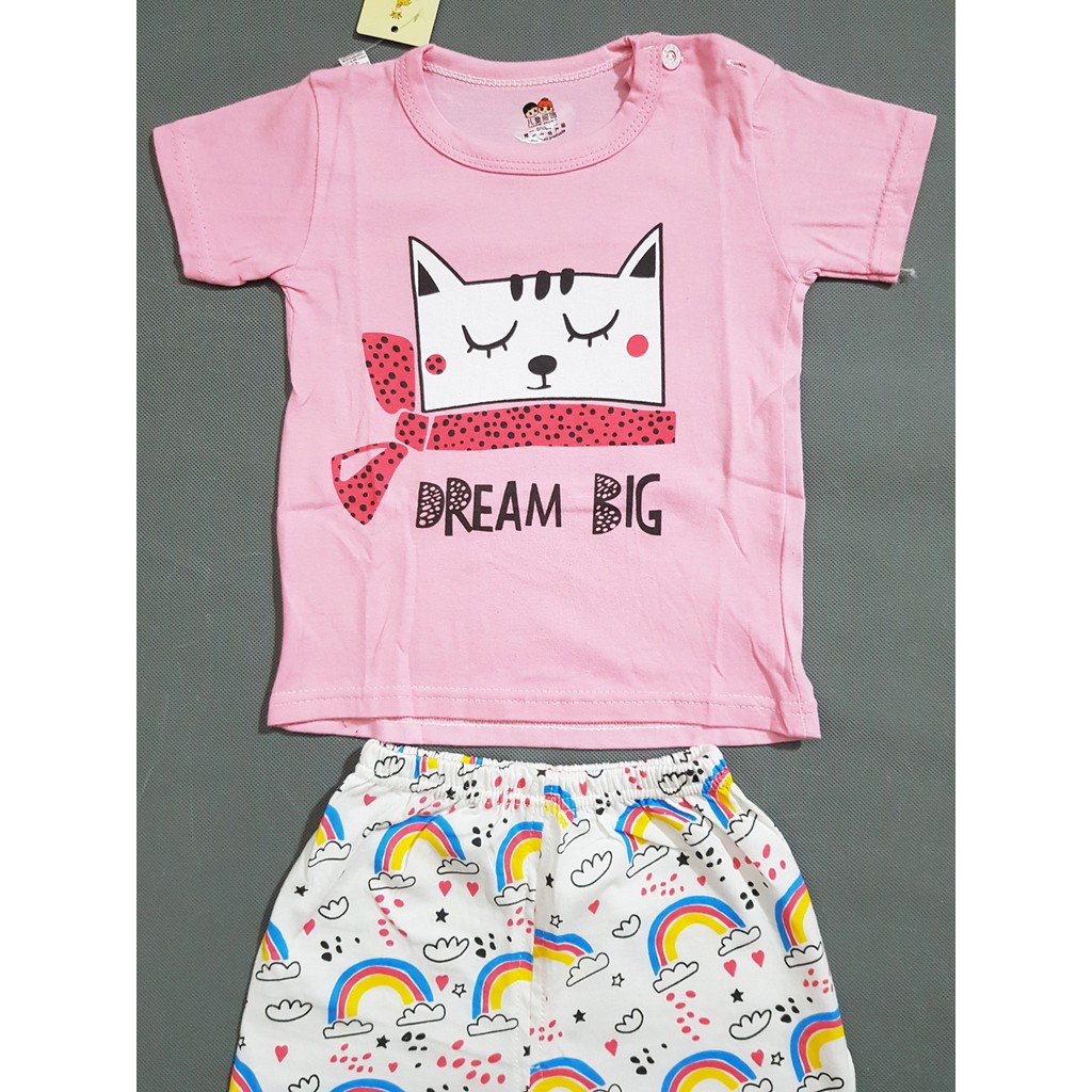 Bộ thun cotton bé gái in mèo con dễ thương
