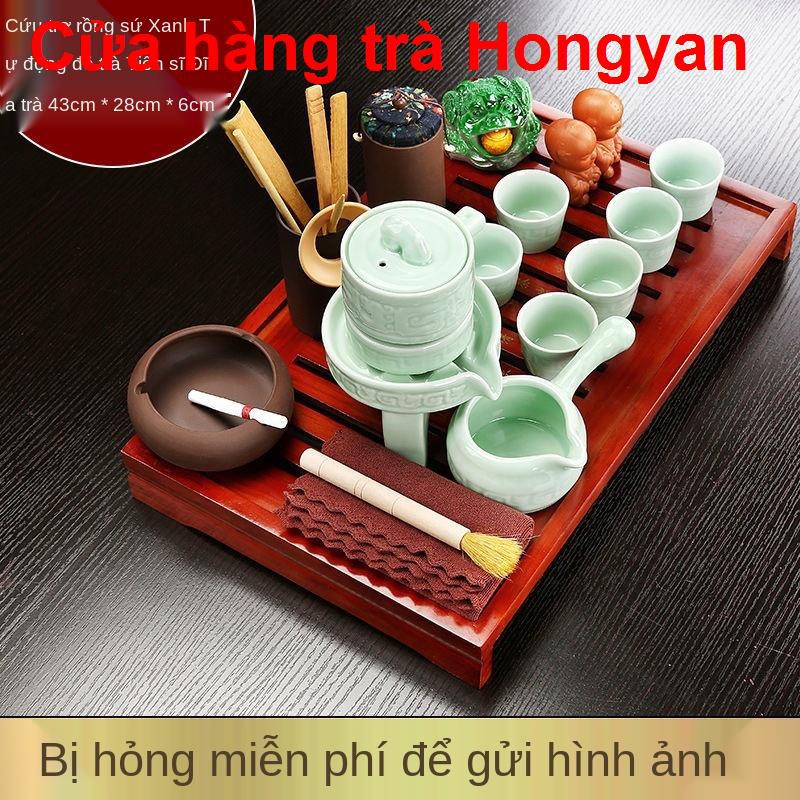 Vần cổKung Fu Tea Set Home Trọn bộ khay trà gỗ nguyên khối, ấm cát tím, cốc, ly sứ, phụ kiện đạo, bàn