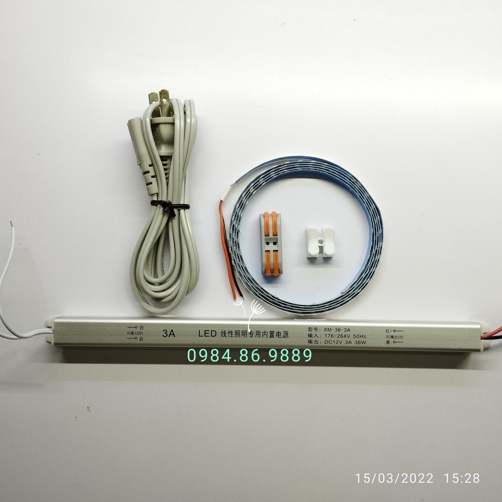 Combo 1 dây led cuộn 2835 - 12V kèm nguồn đũa, dây nguồn, cầu đấu, tiện lợi, thẩm mỹ.
