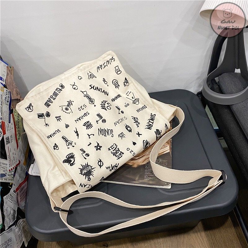 [Gấu Nhiệt Đới] Túi Tote Unisex Vải Canvas In Họa Tiết Full 2 Màu Đen/Trắng Sữa