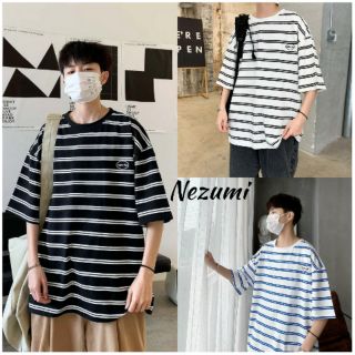 ÁO THUN TAY LỠ UNISEX NAM NỮ KẺ NGANG LOGO NGỰC