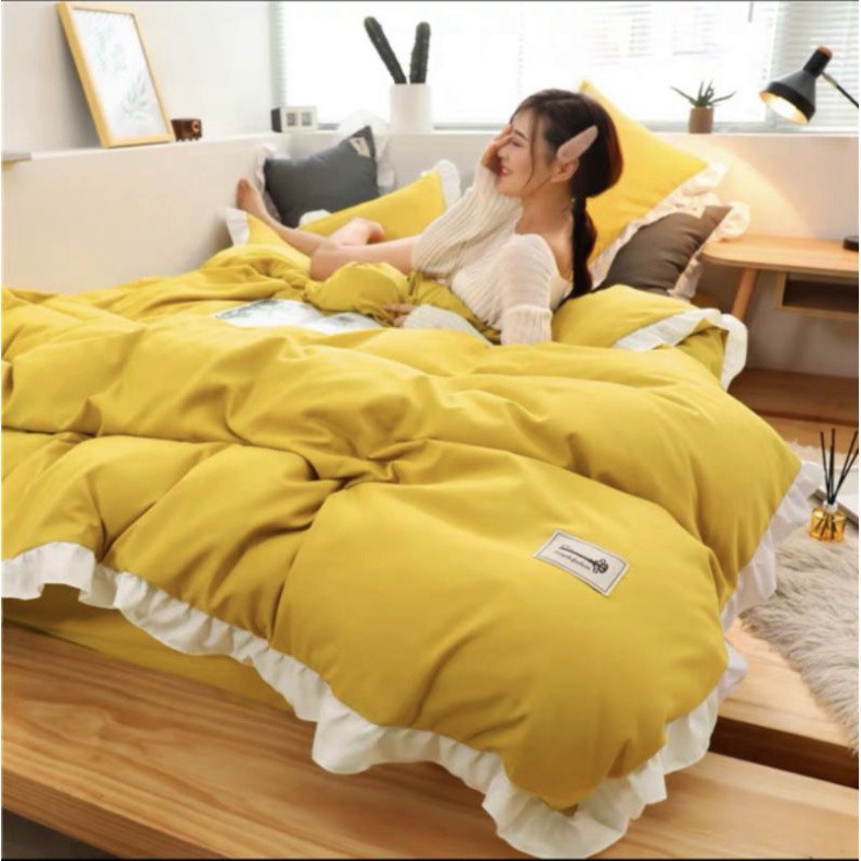 Bộ chăn ga gối cotton tici phối viền bèo xinh xắn, chất cotton thoáng mát không phai màu, không xù, miễn phí bo chun
