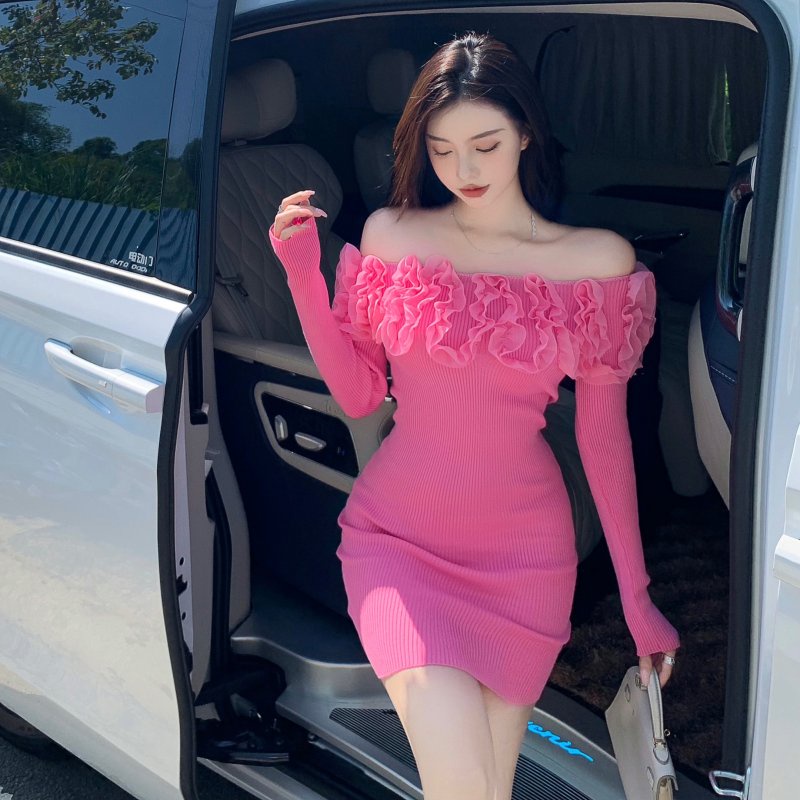 Đầm nữ dệt kim trễ vai tay dài dáng ôm thời trang phong cách Trung Hoa