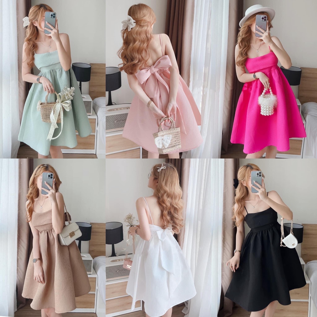 Váy babydoll hai dây xốp buộc nơ lưng nhiều màu đi biển - Đầm babydoll dáng ngắn freesize cột nơ chun lưng xinh xắn