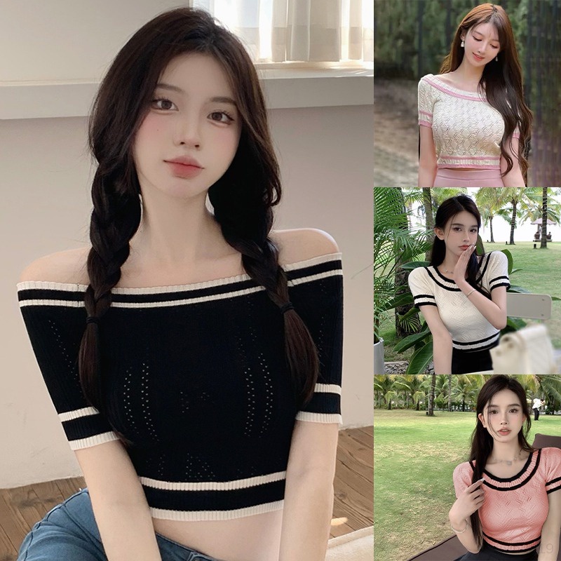 Áo Sweater Dệt Kim Tay Ngắn Cổ Tròn Dáng Ôm Kiểu Hàn Quốc Dễ Thương