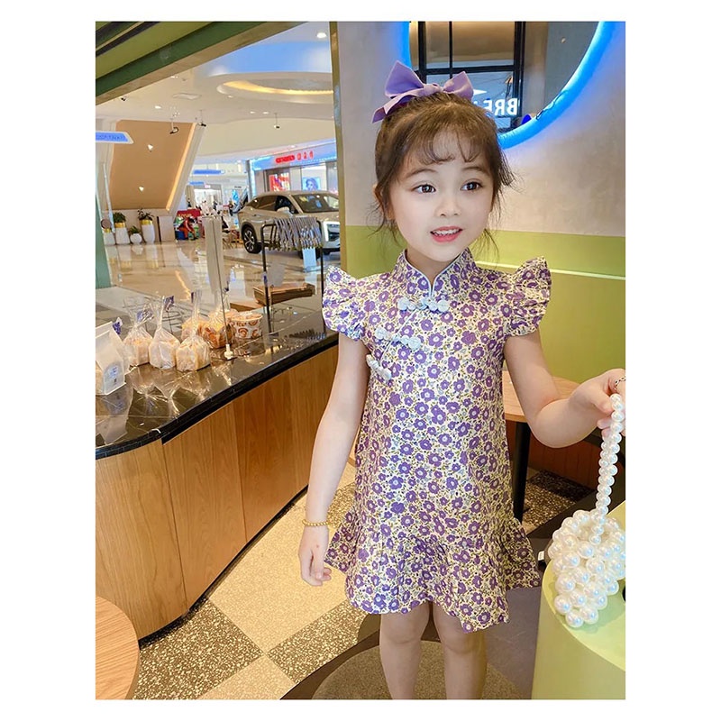 Đầm sườn xám SANITKUN chất vải cotton in họa tiết hoa phong cách Trung Hoa thời trang mùa hè cho bé gái