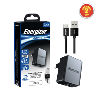 Sạc Energizer 3.4A 2USB kèm cáp USB-C2.0 màu đen - ACA2CEUUC23