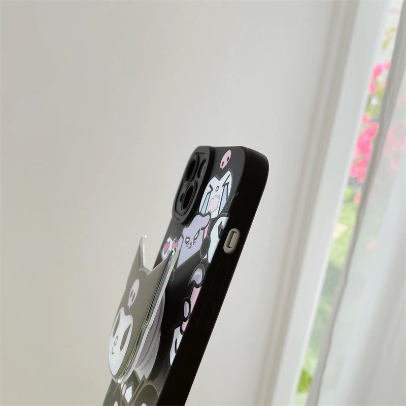 Ốp Điện Thoại Hình Kuromi Nhật Bản Màu Đen Đục Có Giá Đỡ Và Dây Đeo Cho iPhone 4 Trong 1 14 Pro Max 13 Promax 12 11 Xsmax Xr 7 8 Plus