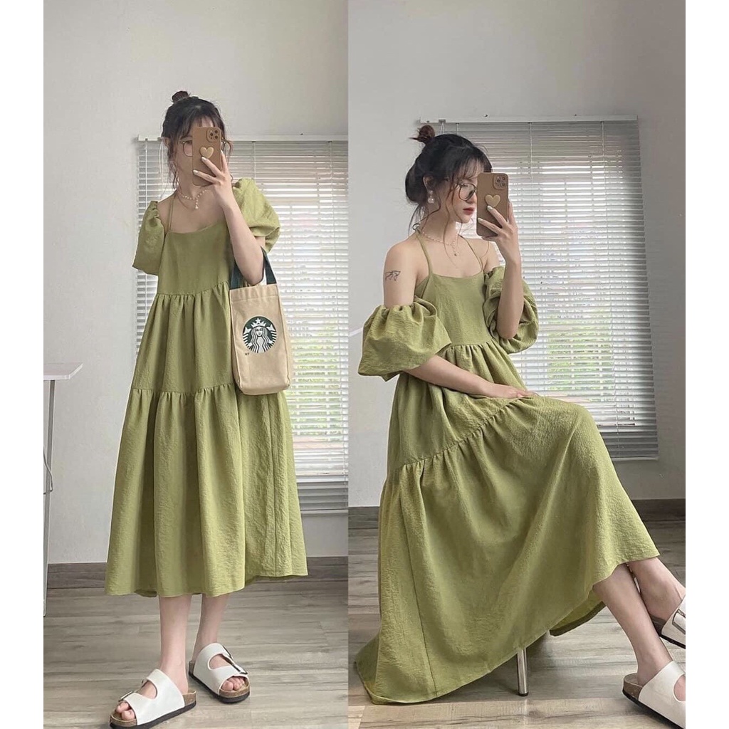 Váy đầm nữ 2 dây dáng BabyDll chất đũi mặc được 4 kiểu phom suông màu đen, trắng, xanh cốm
