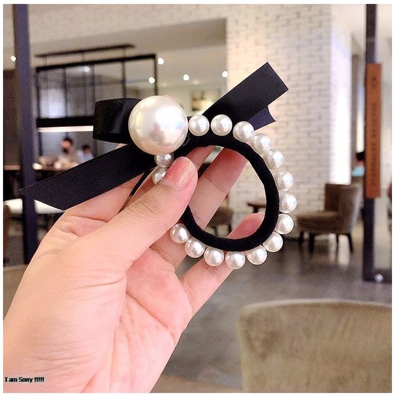 Cột tóc hạt châu trắng ruy băng đen giá rẻ nữ tính CT130