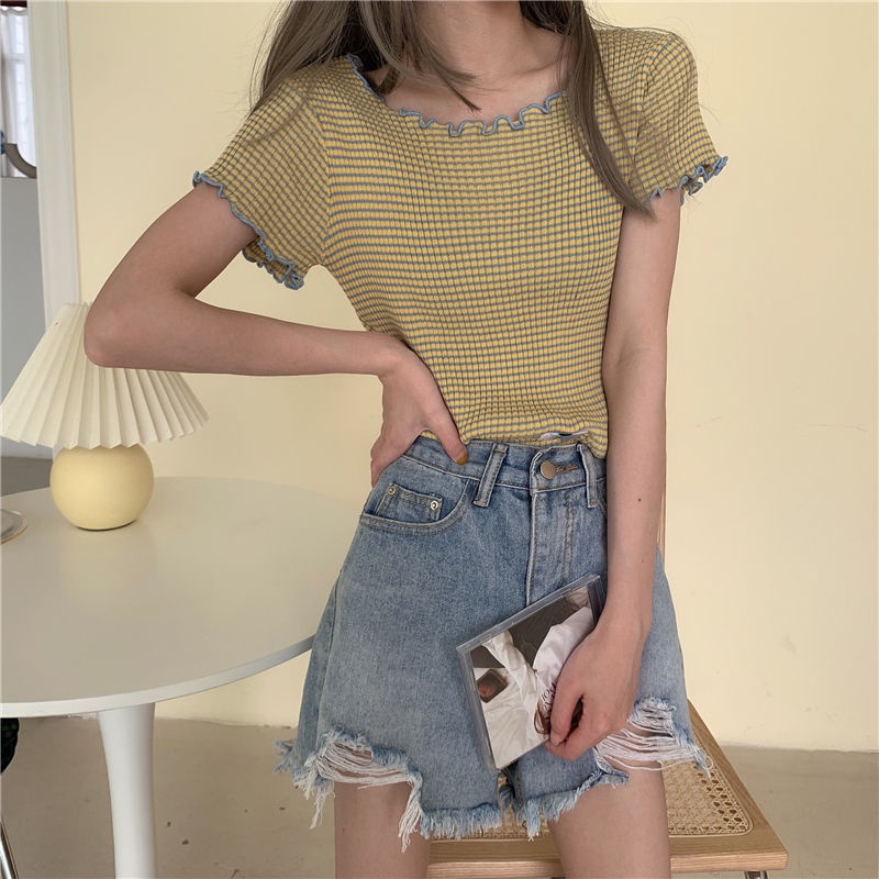 AMOI Áo Thun Tay Ngắn Họa Tiết Sọc Thời Trang Phong Cách Hàn Quốc Cho Nữ