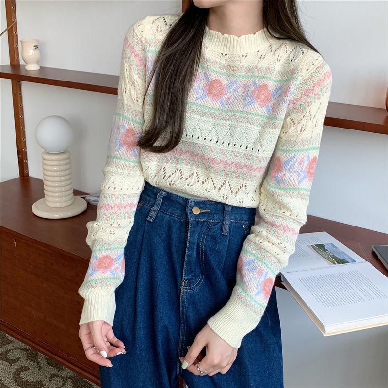 Áo Sweater Tay Dài Cổ Tròn Thiết Kế Đục Lỗ Thời Trang Mùa Thu Hàn Quốc Mới 2021