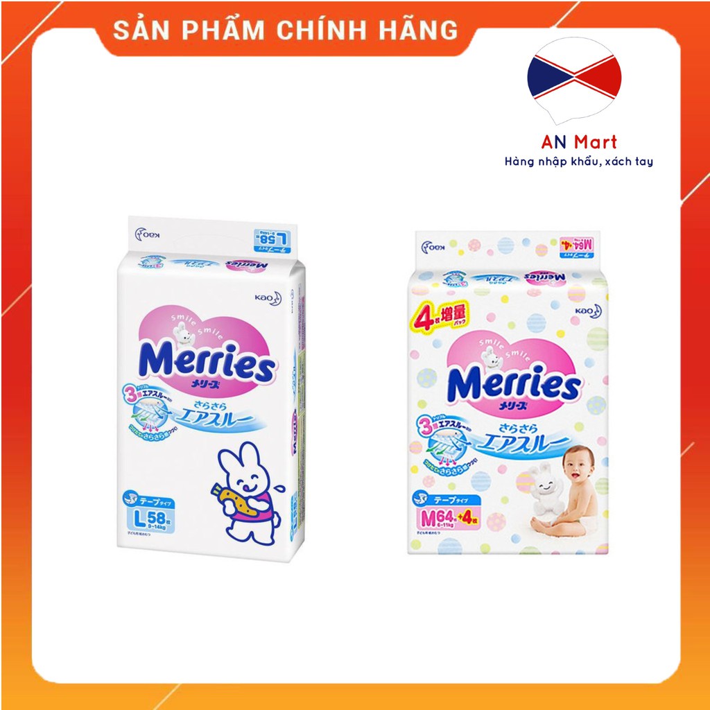 BỈM MERRIES DÁN SIZE M 64 + 4 MIẾNG VÀ SIZE L 58 MIẾNG