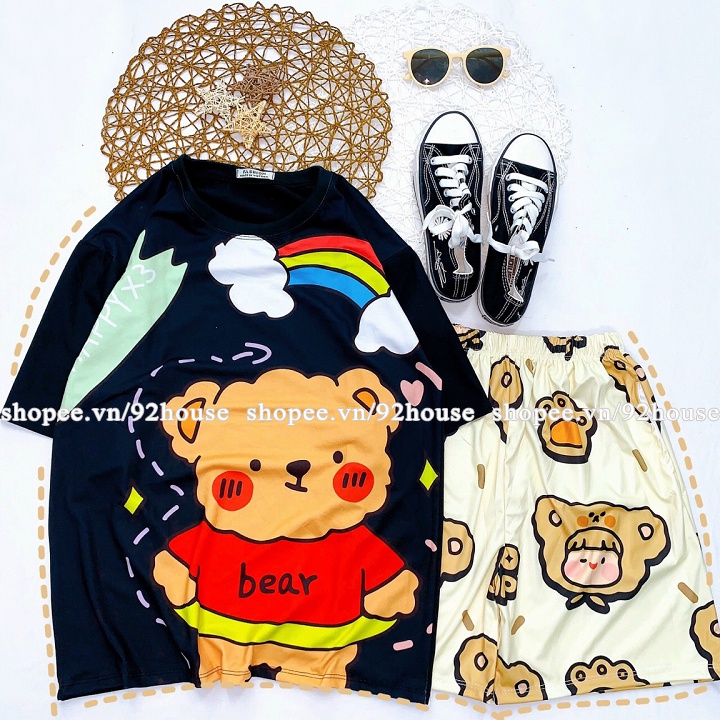 Set bộ unisex / Đồ bộ hoạt hình gấu cầu vồng freesize phông rộng