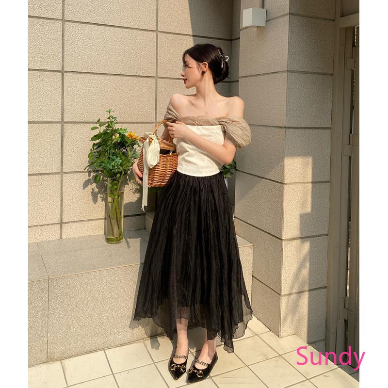 Áo Kiểu Trễ Vai Phối Lưới Thời Trang Mùa Hè Phong Cách Vintage Cho Nữ