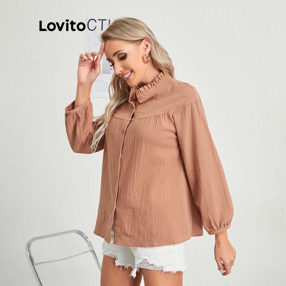 819 VN Delisted Áo kiểu Lovito cổ đứng chất linen tay dài phồng bo chun viền nhún bèo màu trơn phong cách thường ngày L10138 (Màu kaki)