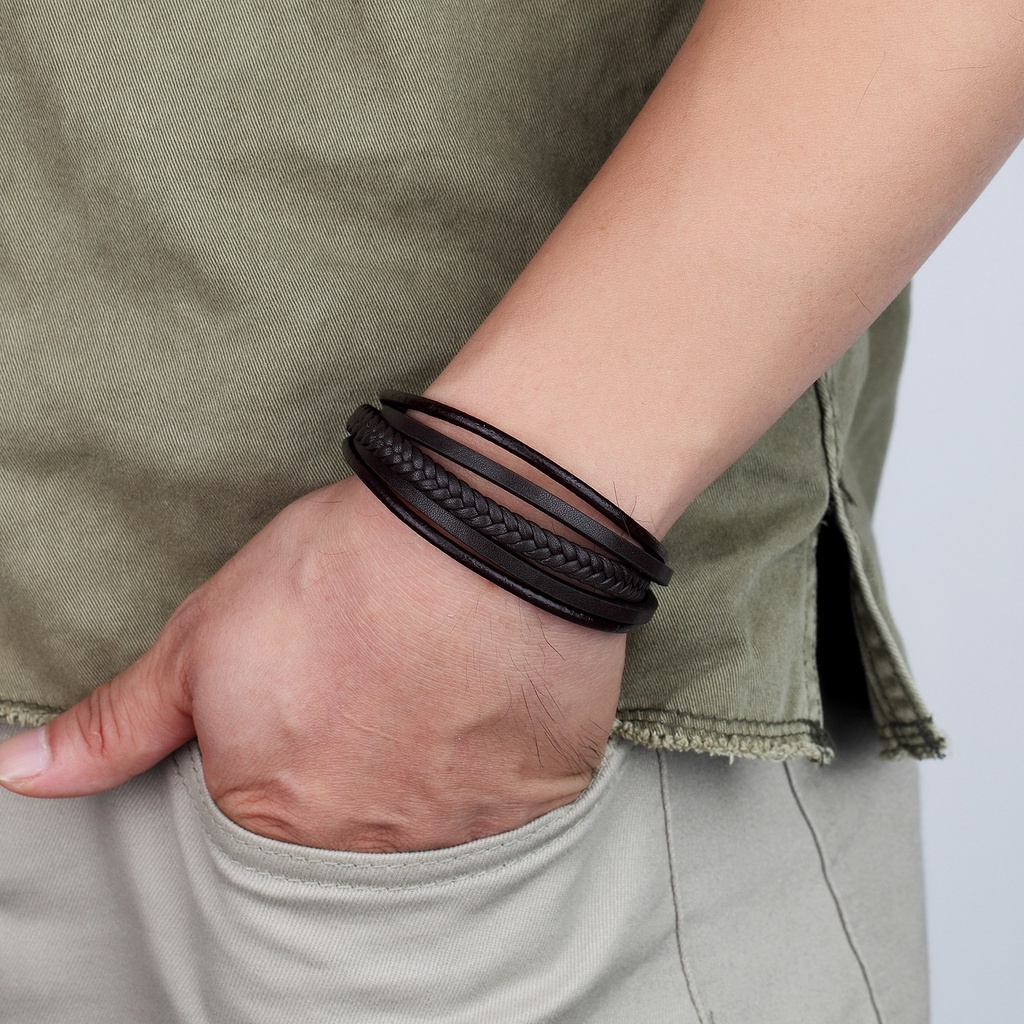 Vòng Tay Nam Lắc Tay Unisex Leather Thời Trang Vòng Tay Nam Nữ Punstore Màu Đen Da Cao Cấp - Vòng Leather