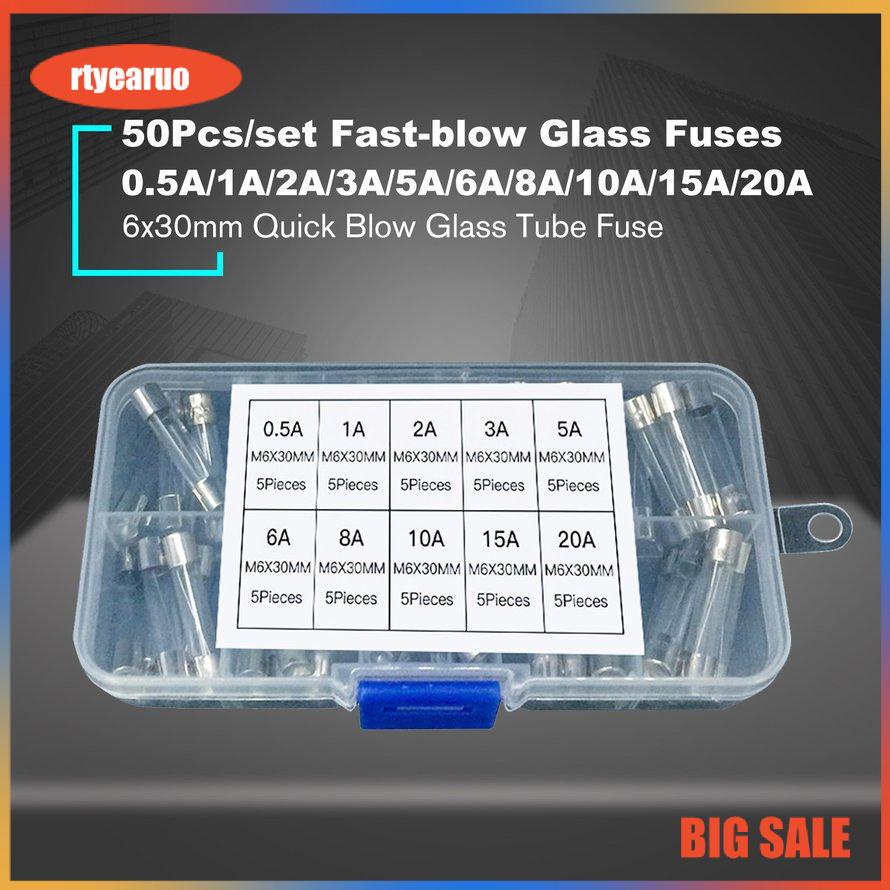 50PCS 6x30mm Fast Blow Fuse Glass Tube Fuse Assorted Mixed Kit Insurance Tube 0.5A/1A/2A/3A/5A/6A/8A/10A/15A/20A