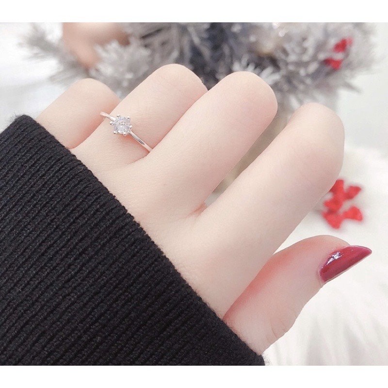 Nhẫn Bạc Ta CaoBac Silver Nữ Đơn Giản Mặt Đính Đá Sáu Chấu Cạnh Trơn