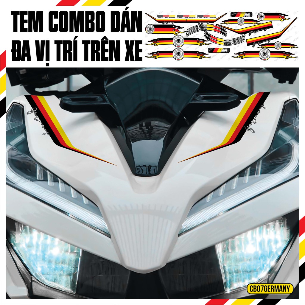 Tem Xe Máy, Xe Điện Cờ Đức 01, Bộ Tem Dán Nhiều Vị Trí Cho Xe | CB07GERMANY | Tem Rời Chống Nước, Bền Màu, Khuôn Cắt Sẵn