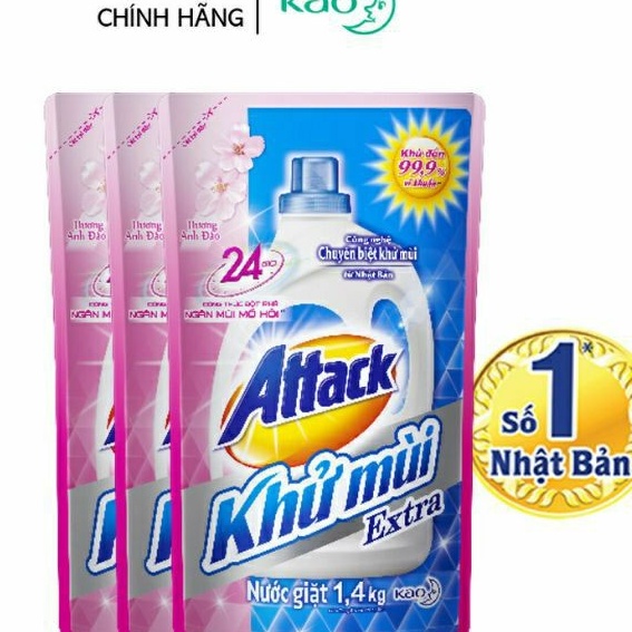 0Combo 3 Nước giặt Attack Khử Extra Mùi Hương Anh Đào túi 1.4kg