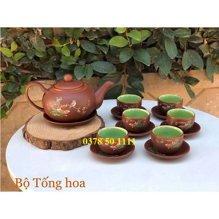 Bộ ấm trà tử sa men nâu dáng tống vẽ chim hoa S4
