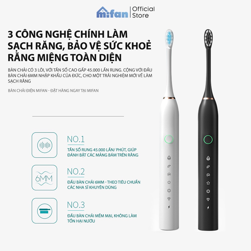 Bàn Chải Điện Mifan Sonic X2 Model 2021 - Máy đánh răng máy sóng âm công nghệ Đức - Tặng kèm 3 đầu thay thế