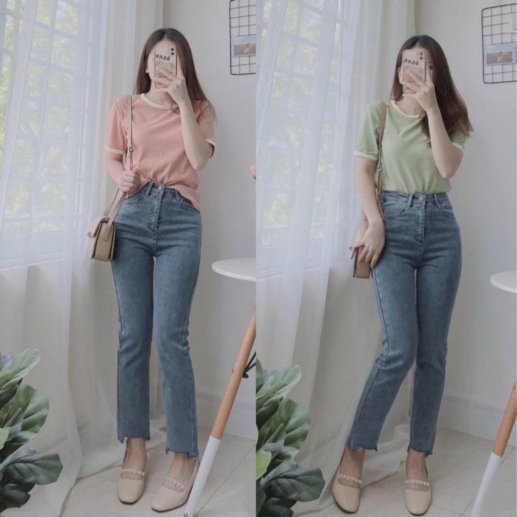 Quần Jean Nữ Ống Suông Đứng Cắt Gấu KYUBI Chất Bò Jeans Co Dãn Cao Cấp Dày Dặn (có bigsize) - UBEE