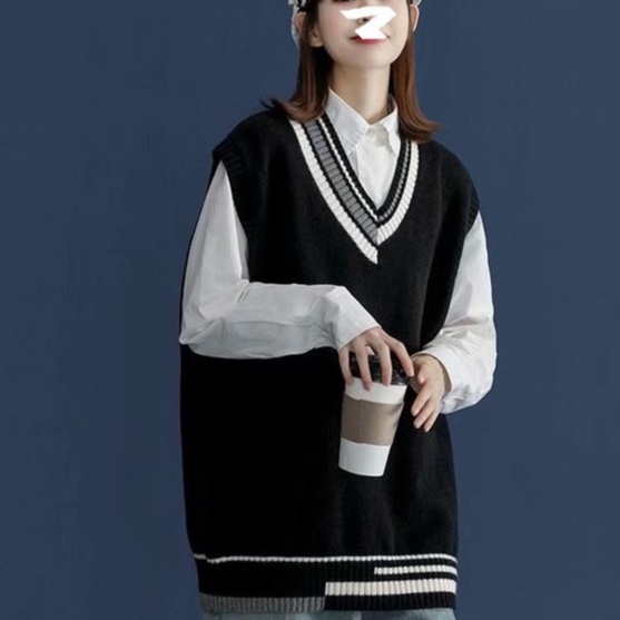 Áo gile len nữ form rộng cổ V lệch bất đối xứng ulzzang unisex hàn quốc Áo gile không tay len dệt kim học sinh đồng phục