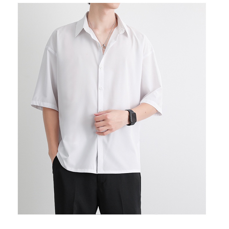 Áo sơ mi form rộng tay ngắn tay lỡ unisex nam nữ cá tính form Hàn Quốc vải lụa màu trắng đen xanh-MRN01