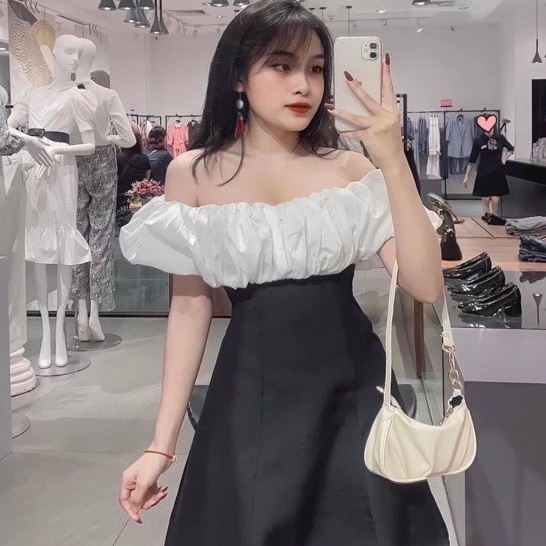 Váy nữ dáng xòe trễ vai phối ngực cách điệu bánh bèo Hàn Quốc V0023 | BigBuy360 - bigbuy360.vn