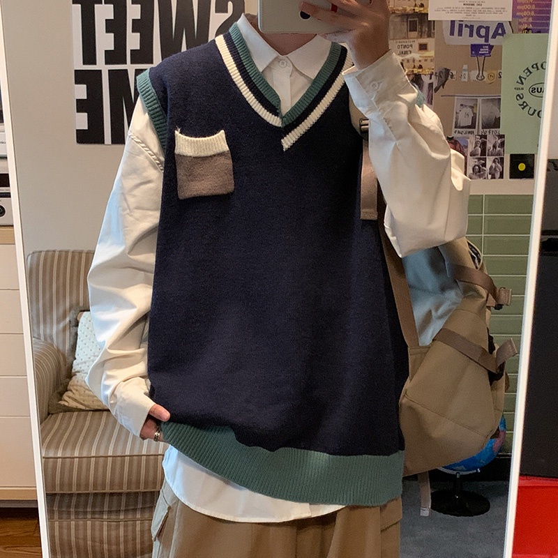 Áo len không tay cổ chữ V họa tiết kẻ sọc thời trang sành điệu cho nam