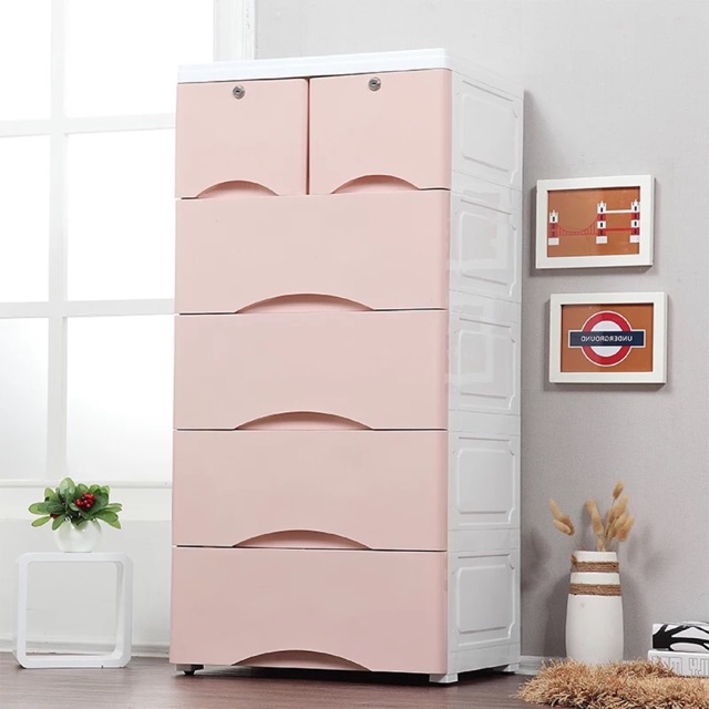 Tủ nhựa 5 tầng 6 ngăn trơn sẵn Hồng, Xanh, Ghi