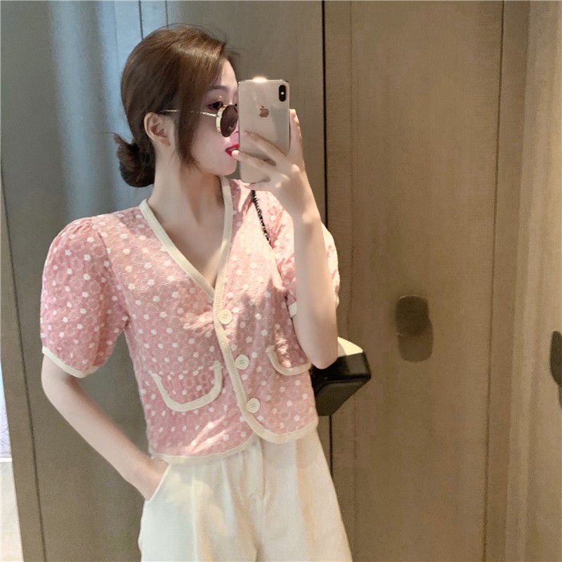 Vintage Crochet Hollow Hong Kong Flavor V-neck Short Sleeve Top