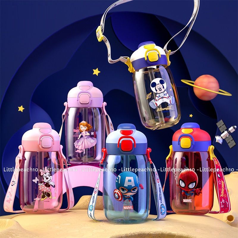 Bình nước Disney 8082 2in1 vừa ống hút + tu mệng hình Minnie Mickey Frozen Spiderman 560ml cho bé
