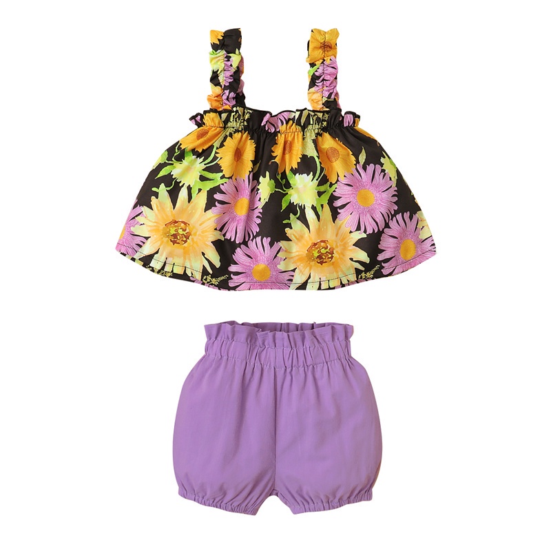 Set đồ Mikrdoo gồm áo 2 dây in hoa + quần short thời trang hè đơn giản cho bé gái 1-6 tuổi