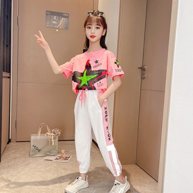 Bộ Đồ Thể Thao 2 Món Áo Thun Tay Ngắn Thời Trang Mùa Hè Cho Bé Gái Từ 3-4 - 5-6 - 7-8 - 9-10 - 11-12 - 13-14 - Năm Quần Thể Thao Trẻ Em Áo Thun S
