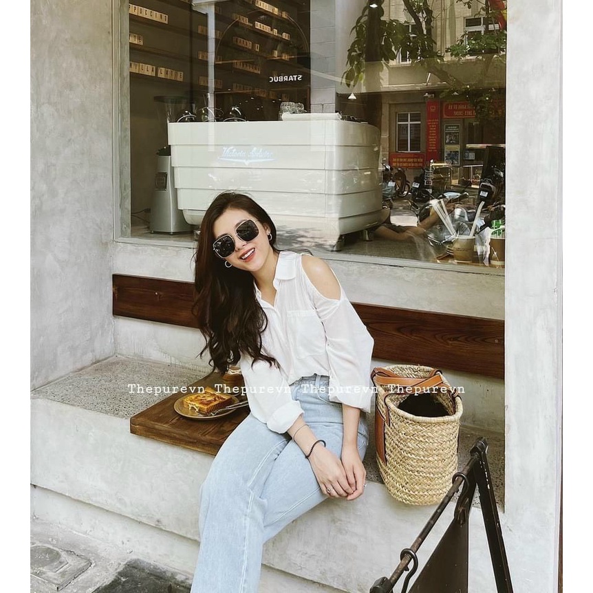 Áo sơ mi gu khoét vai màu trắng basic có túi zip sang chảnh